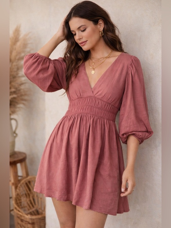 Mustard Seed Dresses & Skirts - Mustard Seed Womens Dress M Satin Babydoll Puff Sleeve V Neck Mini Pink Boho A5
